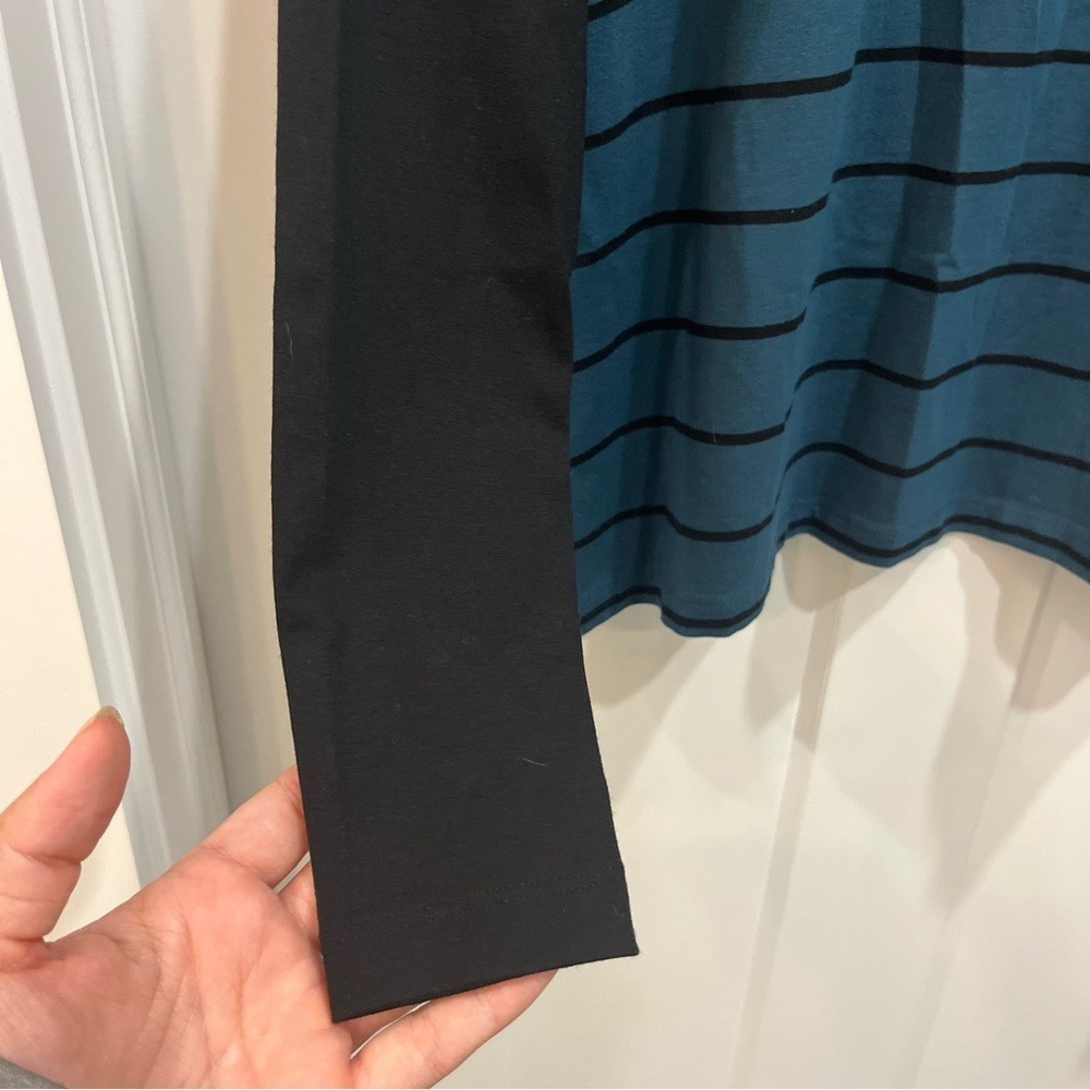 Tricotto Teal Blue Black Stripe Scoop Neck Drop Shoulder Boxy Top Women's Size S - Picture 5 of 10